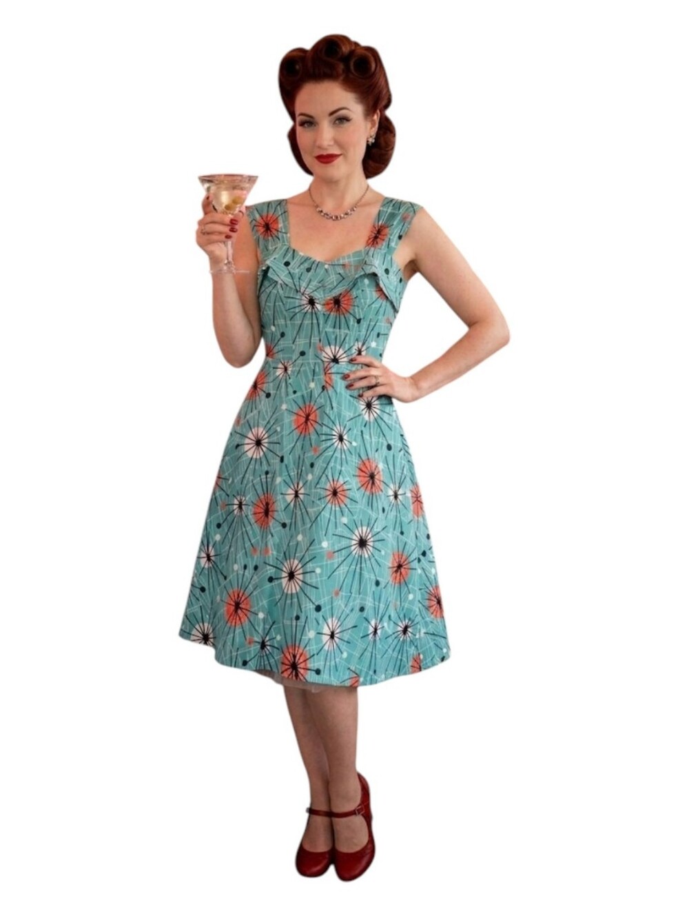 Fables By Barrie MCM Atomic Starburst Teal Pin-Up Rockabilly Dress Rare Size Med